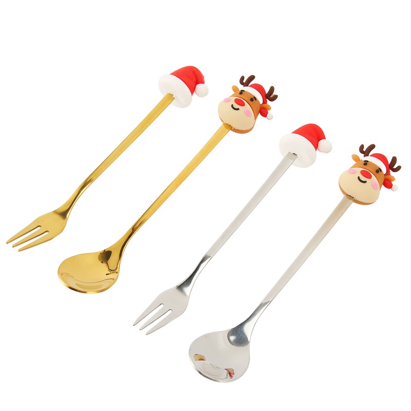 4Pcs Christmas Spoons and Forks Set Stainless Steel Cartoon Funny
