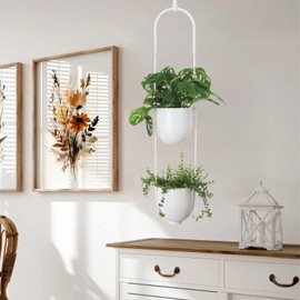 ABETREE Hanging Planters 2 Tiers Metal Plant Hangers for Indoor Outdoor Plants Wall Ceiling Hanging Flower Pot Basket Holders Kitchen Room Decor(White)