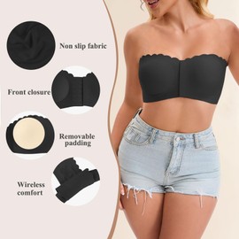 KUTECOMBO Front Closure Wireless Strapless Bras for Women Seamless Comfy Bandeau Bralette(Black,X-Large)