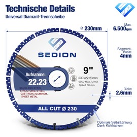 Sedion® Diamond Cutting Disc 230 mm x 22.23 – Exclusive Universal All-purpose Cutting Disc for Steel, Iron, Aluminium, Plastic, Concrete and much more. Ultimate Precision Diamond Disc 230 in Premium