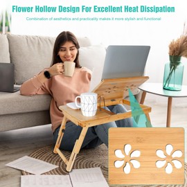 Zorpupoa Bamboo Laptop Desk, Adjustable Bamboo Breakfast Serving Bed Tray Folding Lap Tray with Tilting Top and Drawer for Work, Surfing, Reading, Writing, Eating Food