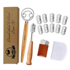 EROIR Danish Dough Whisk and Bread Lame Set - 13 Inch Dutch Bread Whisk - Bread Lame Dough Scoring Tool with 10 Razor Sharp Blades and Leather Cover