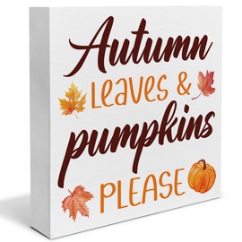 Hijie Farmhouse Fall Decor Autumn Decorations Pumpkin Leaves Wooden Sign Home Decor Indoor for Desk Table Shelf 5 X 5 Inches