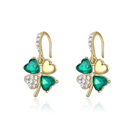 BriLove Clover Earrings for Women, Four Leaf Ear Studs Rhinestones Green Heart Shape Hook for St Patricks Day Party Prom Accessories Emerald Color Gold-Tone