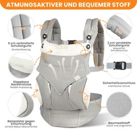 Lohofrnny Baby Carrier, Multifunctional Ergonomic Baby Carrier for 0-6 Months, All-in-One Child Carrier, Adjustable Seat, Baby Carrier with 3 Carrying Positions for Infants (Grey, 0-6 Months)