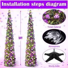 Hollowfly 2 Pcs 5 ft Pop up Mardi Gras Tree with String Lights Collapsible Tinsel Artificial Pencil Tree with Mask for Home Indoor Outdoor Carnival Holiday Party Supplies