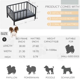 OSCHF Dog Bed with Rails - Elevated Pet Metal Bed Frame with Solid Wood Board and Washable Soft Mat for Small Dog Indoor or Outdoor Use, 21.3" x 30", Black
