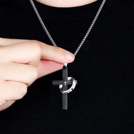 Bible Verse Cross Necklace Prayer Religious Jewelry Gift Stainless Steel Inspirational Cross Pendant Necklace with Ring Religious Faith Jewelry for Men (Black)