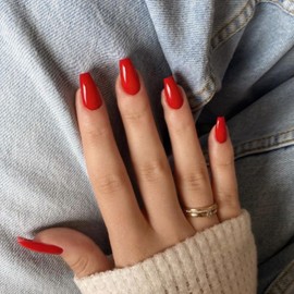 KXAMELIE Red Medium Square Press-on Nails, 24 PCS, Ballerina Shaped, Glossy Finish, Full Well Tips, Reusable