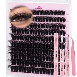 Fluffy Lash Clusters Kit Faux Mink Eyelash Clusters D Curl Wispy Waterproof Cluster Eyelash Extensions With Lash Glue Bond and Seal and Eyelash Tweezers Luxury 80D Individual Cluster Lashes Kit