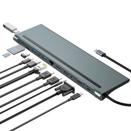 USB-C-Dockingstation, 12-in-1-USB-C-Hub, 3 Monitor Typ C auf 4K Dual HDMI+VGA-Adapter, Laptop-Dockingstation Multiport 87W PD, USB3.0 SD/TF RJ45 Audio für HP/MacBook/Dell/Lenovo-Laptops