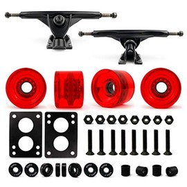 VJ Skateboard Longboard Truck and Wheel, 70mm Long Board Wheels w 7inch 180mm Skateboard Trucks (Black) Longboard Bearings Longboard Hardware Skateboard Riser Pads (Gel Red)