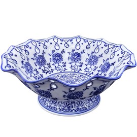 YYMayLsh Candy Bowl Ceramic Candy Serving Plate Blue and White Chinoiserie Decor Bowl with Foot for Living Dining Room (6.9in)