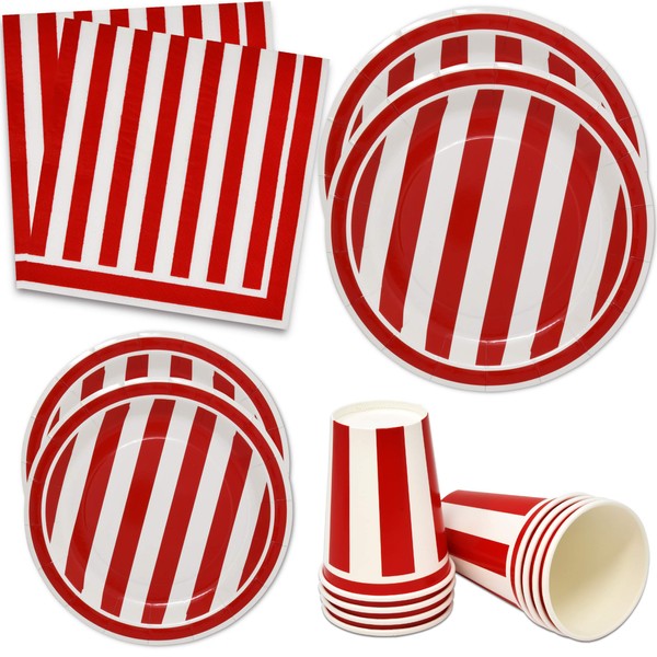 Red and White Stripes Party Supplies Tableware Set 30 9" Plates 30 7" Plate 30 9 Oz. Cups 60 Lunch Napkins for Red Striped Carnival Birthday Wedding Picnic Barbecue Circus BBQ Disposable Paper Goods