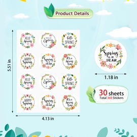 Lucleag Hello Spring Stickers for Kids, Round Spring Flower Wreath Stickers Happy Spring Stickers for Candy Goodies Envelope Seals Gift Cards Stickers Spring Party Favor Decor, 360PCS