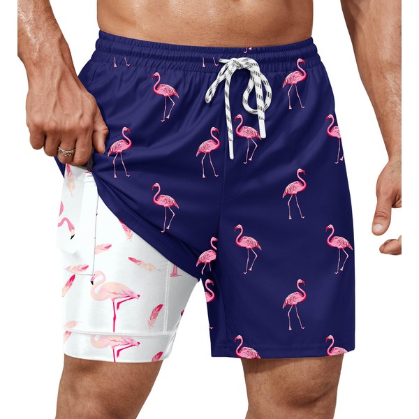 ERECT PEAK Men Flamingo Swimwear Summer Swim Trunk Liner Beach