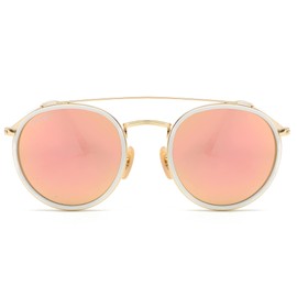 CONRAD RONTGEN Retro Round Sunglasses for Women Men Double Bridge UV400 Protection Gold Frame Pink Lens