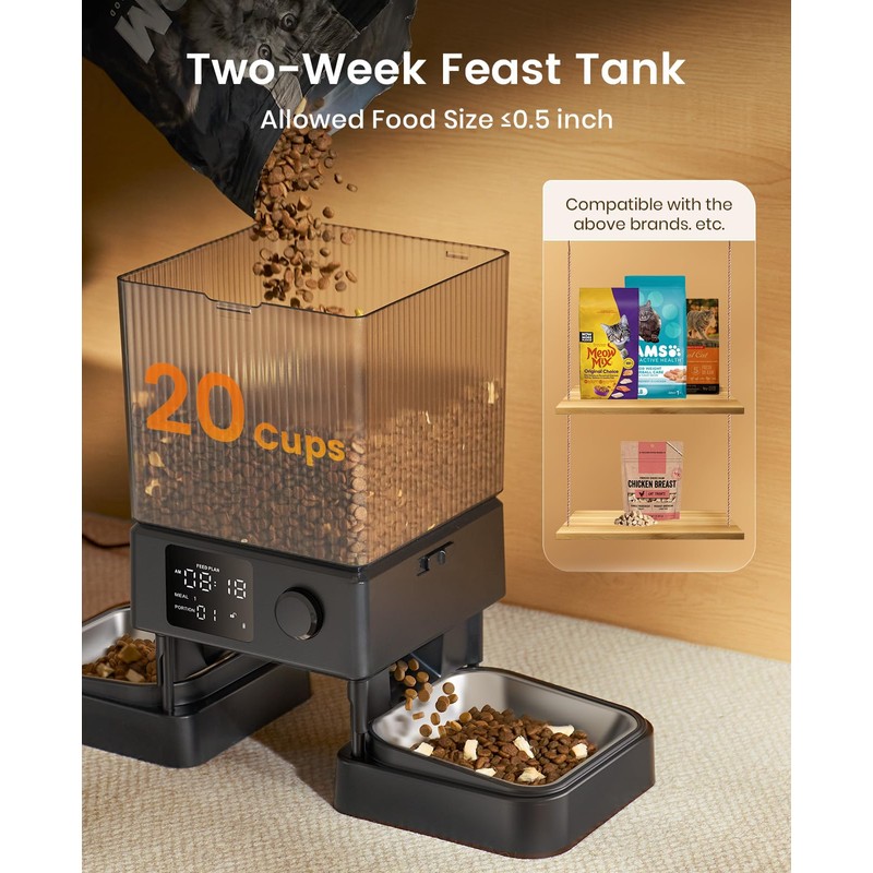 oneisall Automatic Cat Feeder for 2 Cats, 20 Cups/5L Automatic
