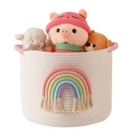 Storage Basket for Toys, Basket Nursery Storage Basket, Changing Table Organiser, Woven Cotton Rope with Rainbow Decor for Girls, Baby Room Toy Organiser, Shelf Bathroom Organiser