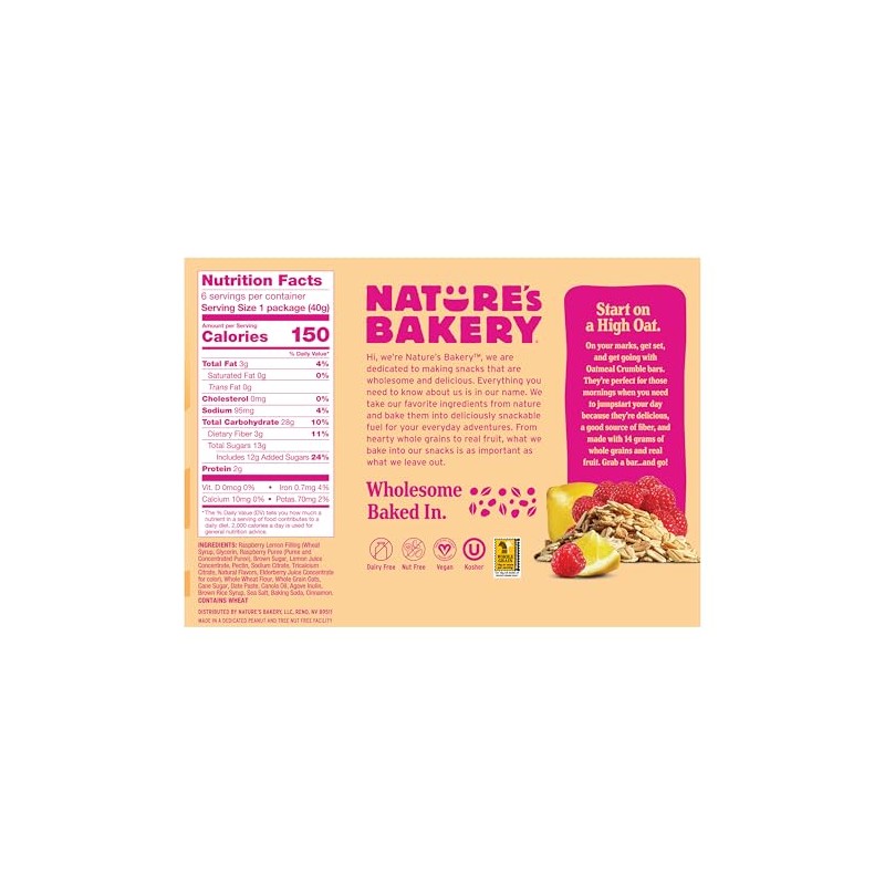 Nature's Bakery Oatmeal Crumble Bars, Raspberry Lemon, Real Fruit, Vegan,