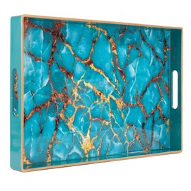 MAONAME Rectangle Decorative Tray, Plastic Serving Tray with Handles, Tempered Glass Coffee Table Tray and Serving Tray for Ottoman, Bathroom, 15.6” x 10.2”, Blue-1