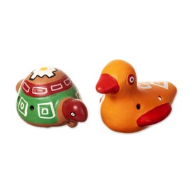 NOVICA Handmade Ceramic Ocarinas Peruvian Animal Themed Assorted Yellow Green Musical Instruments 'Let's Sing Together' (2 Pieces)