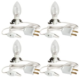 Dazzle Bright 4 Pack 6 FT Accessory Cord with Incandescent Light Bulb E12 Socket White Cord with On/Off Switch Plug, C7 Candelabra Light Bulbs for Holiday Decorations, Christmas Village House