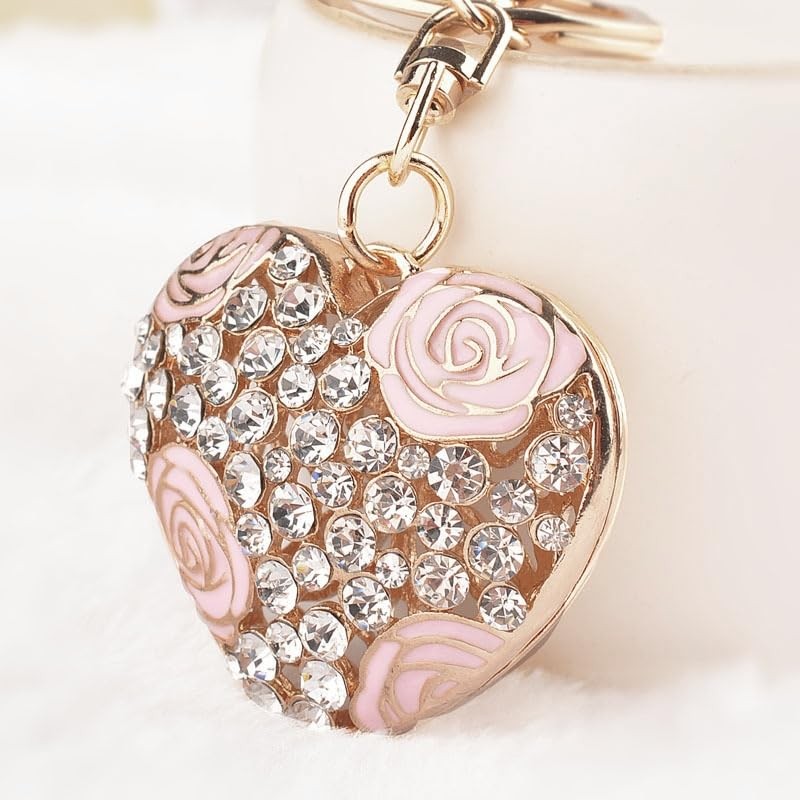 Love Heart Rose Flower Crystal Charm Pendant Purse Bag Key