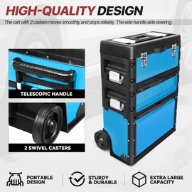 D SOLUTIONS Rolling Tool Box 3-Drawer, Stackable Garage Organizer, Home Workshop Storage Trolley with Wheels, Extendable Handle, 19.5"L x 12"W x 28.5"H, Blue