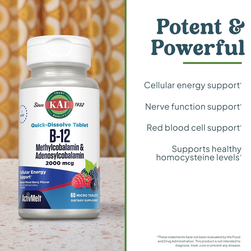 KAL Vitamin B12 Methylcobalamin and Adenosylcobalamin 2000 mcg ActivMelt, B12