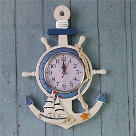 WINOMO Mediterranean Style Anchor Clock Beach Sea Theme Nautical Ship Wheel Rudder Steering Wheel Decor Wall Hanging Decoration