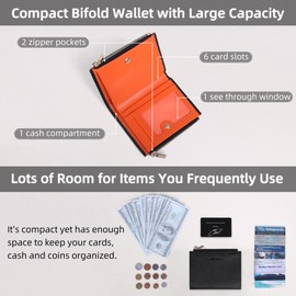 VISOUL Small Wallet for Women Genuine Leather, Compact Bifold Card Holder Wallet RFID Blocking with Zipper Coin Pocket (Black and Orange)