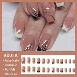 AKOFIC Press on Nails Medium Coffin, French Acrylic Artificial Nails, Glue-On Nails with Jelly Nail Glue, Glitter Nude Ballerina Fake Nails for Women, Girls, Pack of 24