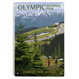 Lantern Press 6x9 Inch Metal Sign, Olympic National Park, Washington, Hurricane Ridge and Hikers
