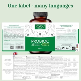 Raibu Probiotics for Gut Health - Probiotics & Prebiotics - 25 Bacterial Cultures - 180 Enteric Coated Capsules - 60 Billion CFU - Lactobacillus Acidophilus & Bifidobacterium - No additives & Vegan