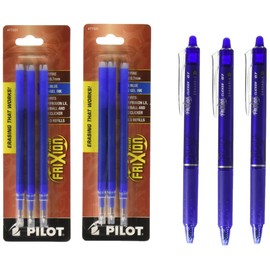 Pilot FriXion Clicker Retractable Gel Ink Pens, Eraseable, Fine Point 0.7mm, Blue Ink, Pack of 3 with Bundle 2 Packs of Refills