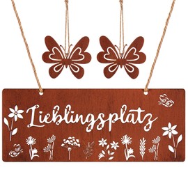 Otuuz Favourite Place Sign for Hanging, 25 x 10 cm, Decorative Door Sign, Rustic Wall Sign, Rusty Garden Sign, Garden Decoration with 2 Rust Look, Butterflies Decorations for Summer