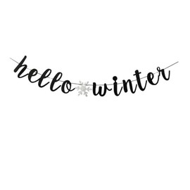 Hello Winter With Silver Snowflake Banner, Black Winter Theme Party Sign, Christmas Winter Holiday Birthday Baby Shower Party Supplies Decorations