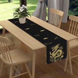Chinoiserie Table Runner, Japanese Traditional Zodiac Dragon Vintage Asian Style Oriental Black Gold Line Print Table Runner for Home Party Kitchen Dining Table Wedding Party Decor 13"x36"