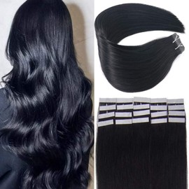 Black Tape In Hair Extensions 18Inch, 50g 20Pcs Human Hair No Frizzy No Shedding Hair Extensions Staight Could Be Curled Real Human Hair Extensions.1# 18