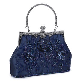 UBORSE - Bolso de mano clásico de los años 20 con abalorio para mujer, bolso formal de lentejuelas para novia, para bodas, bailes, cócteles, Azul marino, M