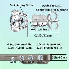 Moissanite Stud Earrings for Mother's Day, 1-4ct Total, 925 Sterling Silver for Women Men, D Color VVS1 Clarity Round Lab Created Diamond Earrings (White Silver, 2.0 Carat Total (1.0 Ct Each)- 6.5mm)