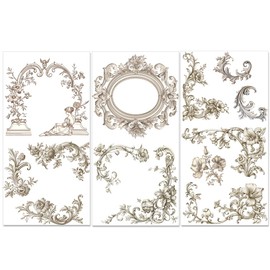 PLIGREAT 3 Sheets Floral Pattern Rubbing on Transfers for Crafts Vintage Flower Border Carved Art Style Rubbing on Decals for Furniture Dressers Wardrobe Transfer Stickers