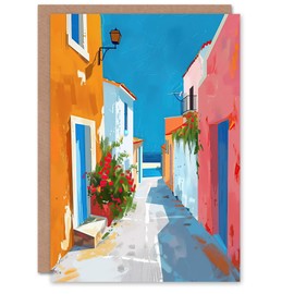 Artery8 Greeting Card Greek Coastal Village Street Painting Calm Sunny Blank For Him Or Her Art Holiday Card