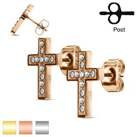 Bungsa Cross Stud Earrings Crystal Set Stainless Steel | 1 Pair | (Earrings Earrings Ear Cuff Studs Women Men Fashion Earrings), Stainless Steel, Crystal