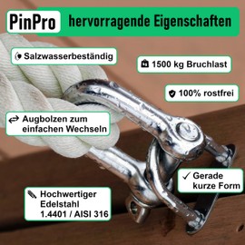 PinPro 4 x M6 Stainless Steel Shackles Straight Short Shape - Rustproof and Even Salt Water Resistant - M4 to M10 Size Selectable - D-Shape with Eye Bolt Diameter 6 mm - 1.4401 / AISI 316 (V4A) NIRO