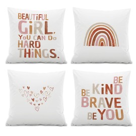 ISANOU Baby Girl Bedroom Throw PillowCovers,Be Kind Be Brave Be You Inspirational Quotes Pillow Case Decor Set of 4,Rainbow Pillow Decorative for Classroom Nursery Girl Room Playroom,18x18 Inch