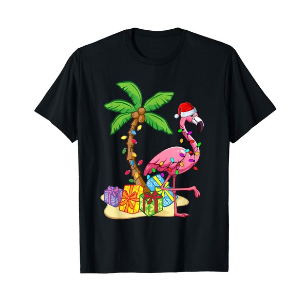 Flamingo Santa Hat Palm Tree Merry Christmas Lights T-Shirt
