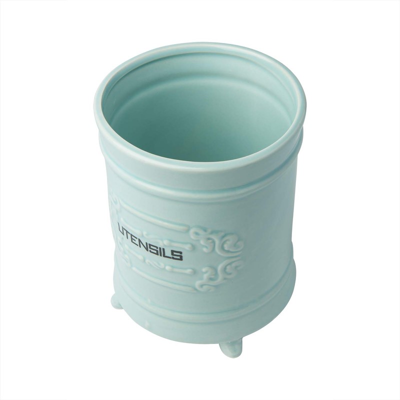 French Blue Ceramic Utensil Holder - Vintage Style Kitchen Utensil