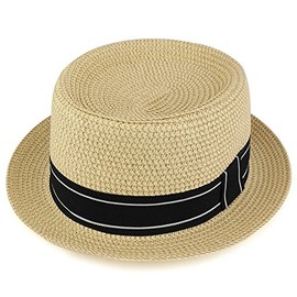 Trendy Apparel Shop Mens Summer Tweed Pork Pie Paper Braid Fedora Hat - TAN - XL